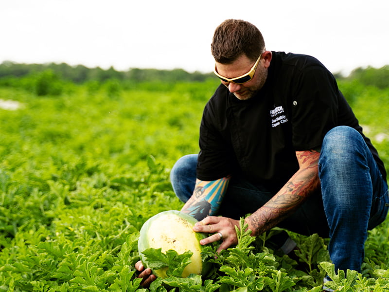 First Watch's Chef Shane inspects watermelon at local farm