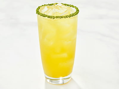 Pineapple, orange, coconut water, lime and agave with a mint crystal rim.