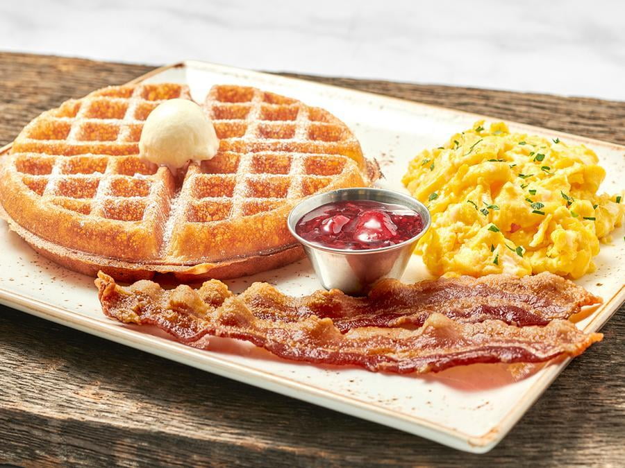 Two fresh cage-free eggs any style with either a light and airy Belgian waffle or a multigrain pancake. Plus your choice of bacon, chicken sausage patty, turkey or pork sausage link.