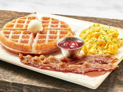 Two cage-free eggs any style with either a light and airy Belgian waffle or a multigrain pancake. Plus your choice of bacon, chicken sausage patty, turkey or pork sausage link.